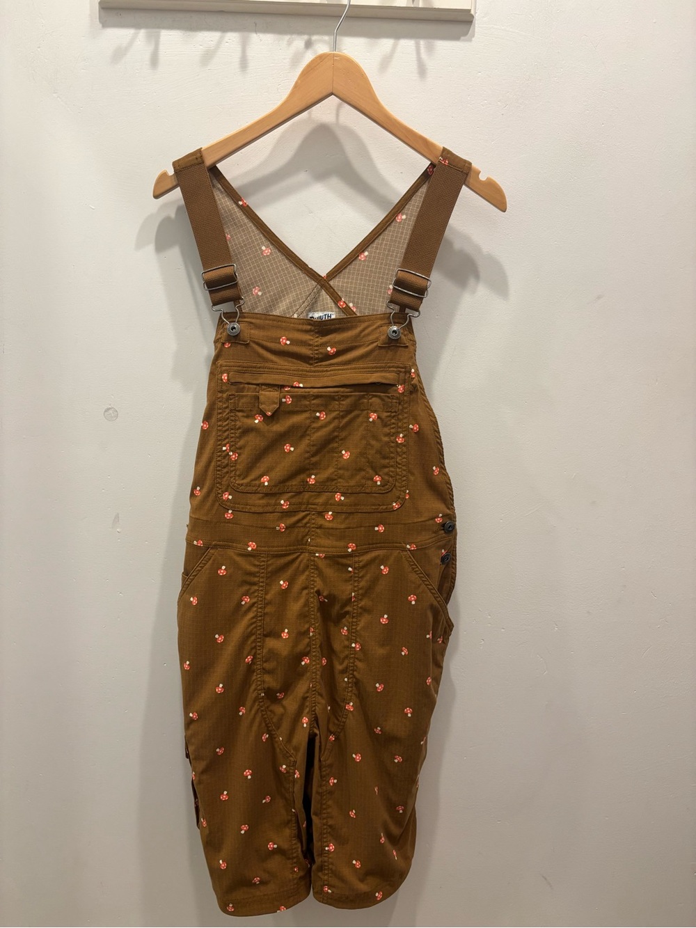 Duluth Trading Co Brown Overalls with Tiny Pink Mushroom Print - Picture 2 of 4